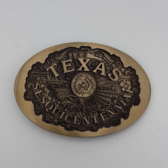 Vintage Texas Sesquicentennial Belt Buckle Solid Bronze Blue Bayou Brass Western - Picture 1 of 8